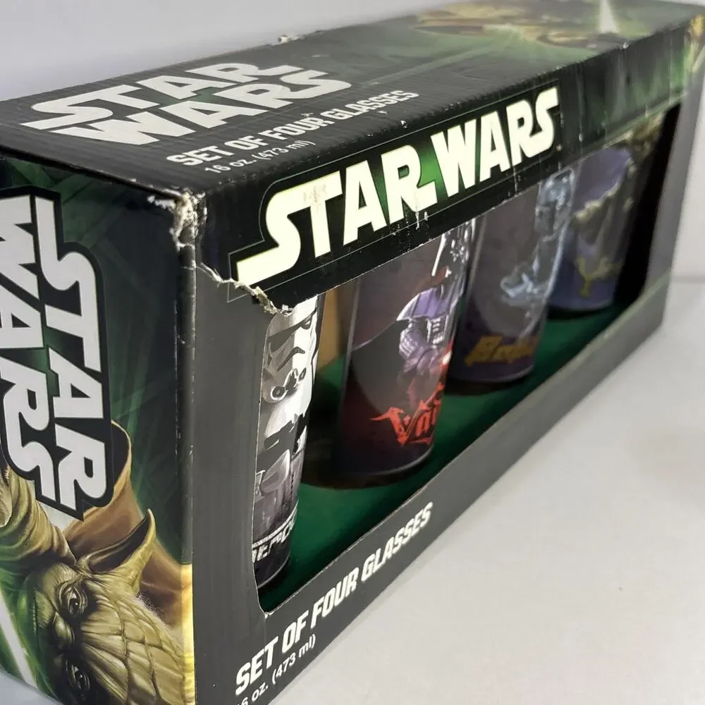 Star Wars 4 Piece Glassware Set Darth Vader Boba Fett Yoda Storm Trooper NIB